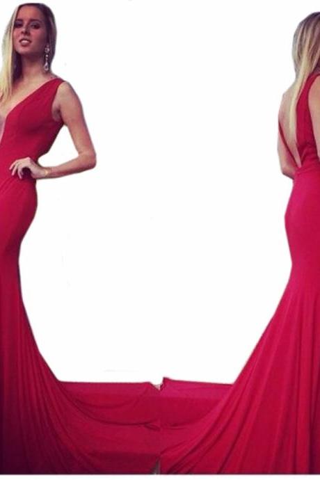 2017 Custom Made Charming Red Prom Dresses, Sexy Deep V-Neck Prom Dress, Tight Prom Gown, Sexy Backless Prom Dress