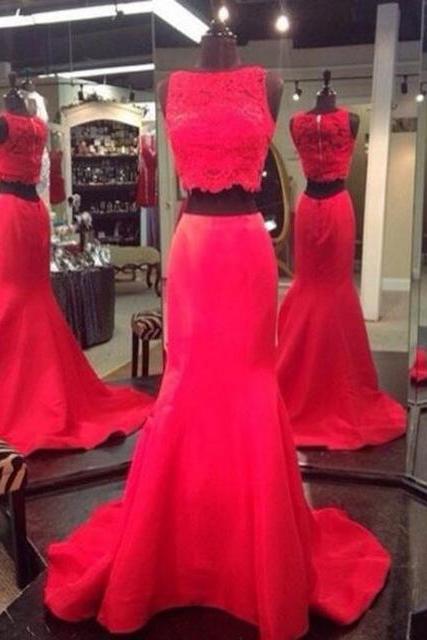 2017 Custom Made Charming Red Prom Dresses, Two Pieces Prom Dress, Lace Prom Dress With Train