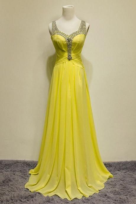 2017 Custom Made Charming Yellow Prom Dresses, Chiffon Prom Dress, Beading Prom Dress