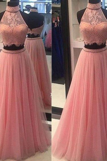 2017 Custom Made Charming Two Pieces Prom Dresses,sexy Halter Evening Dresses,pink Lace Tulle Prom Dresses