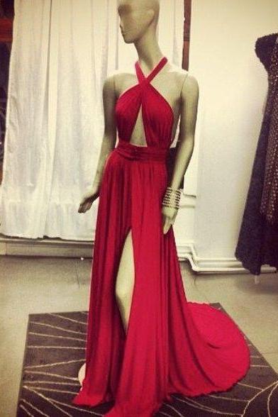 2017 Custom Made Charming Red Prom Dresses,sexy Halter Evening Dresses, Sexy Side Slit Prom Dresses