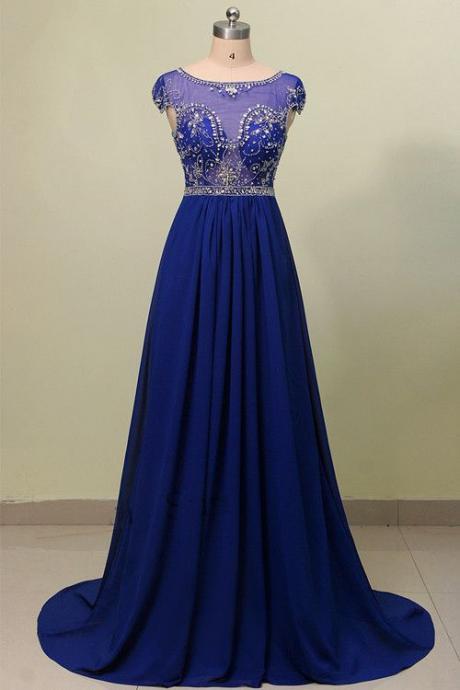 2017 Custom Made Charming Royal Blue Prom Dress,Sexy Beading Evening Dress,Short Sleeves Prom Dress