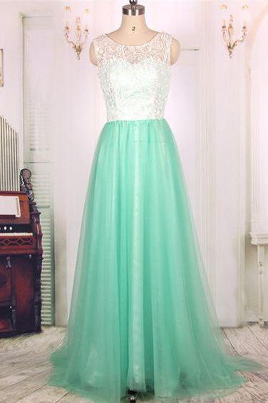2017 Custom Made Charming Green Prom Dresses,chiffon Lace Evening Dresses, Sleeveless Prom Dresses,o-neck Evening Dress