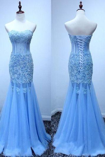 2017 Custom Made Charming Light Blue Prom Dresses,sexy Sweetheart Evening Dresses, Beading Prom Dresses