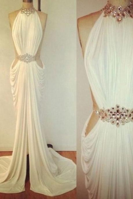 2017 Custom Made Charming White Prom Dress, Sexy Halter Evening Dress, Beading Prom Dress