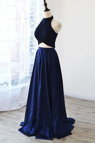 2017 Custom Made,two Pieces Prom Dress,sexy Halter Evening Dress,dark Blue Party Dress