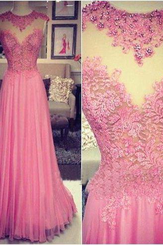 2017 Custom Made,illusion Pink Prom Dress,appliques Beading Evening Dress,sleeveless Party Dress
