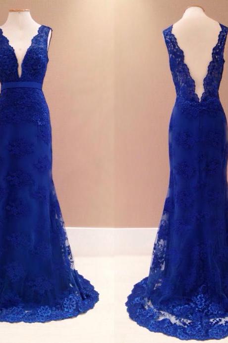 2017 Custom Charming Royal Blue Prom Dress,lace Evening Dress, V-neck And V-back Party Dress