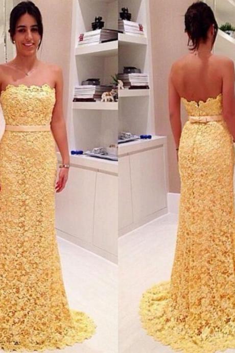 2017 Custom Charming Yellow Lace Prom Dress, Strapless Evening Dress, Sleeveless Party Dress