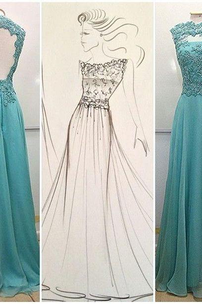 2017 Custom Charming Blue Prom Dress,Appliques Evening Gown,Sleeveless Party Dress ,Beading Prom Dress,Backless Dress