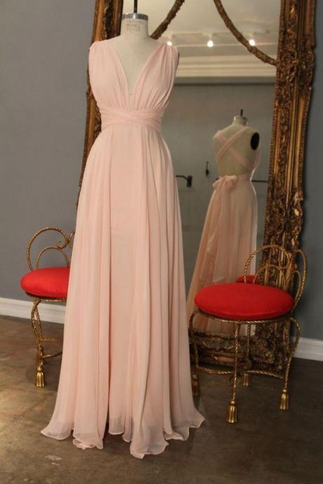2017 Custom Made Pink Chiffon Prom Dress,halter Evening Dress,floor Length Party Dress,deep V-neck Bridesmaid Dress