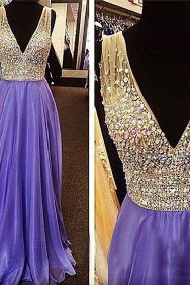 2017 Custom Made Orange Beading Prom Dress,deep V-neck Evening Dress,floor Length Party Dress,purple Dress