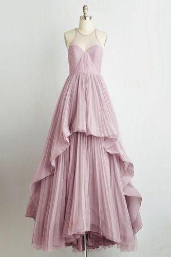 Floor Length Pink Chiffon Layered Evening Dress Featuring Halter Neck Bodice