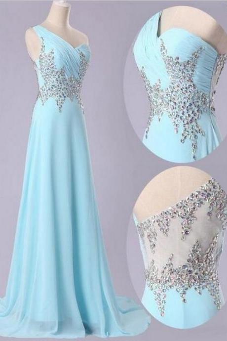 2017 Custom Made Light Blue Prom Dress,Sexy One Shoulder Evening Dress,Sleeveless Party Gown,Beaing Prom Dress,High Quality