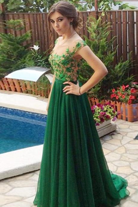 2017 Custom Made Green Beaded Prom Dress,Sexy Appliques Evening Dress,Chiffon Party Gown,Short Sleeves Prom Dress,High Quality