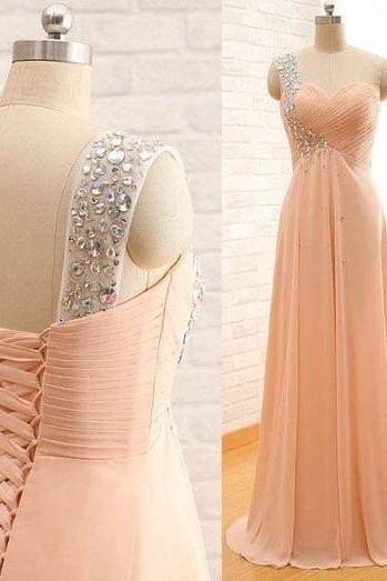 2017 Custom Made Pink Chiffon Prom Dress,sexy One Shoulder Evening Dress,beading Party Gown/bridesmaid Dress, High Quality