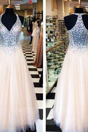 2017 Custom Made White Chiffon Prom Dress,halter Beading Evening Dress,sexy Sleeveless Party Gown, High Quality