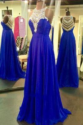 2017 Custom Made Royal Blue Prom Dress,halter Beading Evening Dress,sexy Sleeveless Party Gown, High Quality