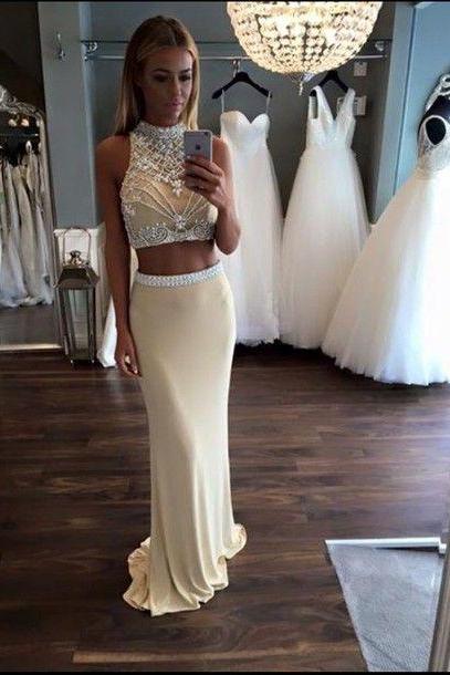 2017 Custom Made White Two Pieces Prom Dress,Halter Beading Evening Dress,Sexy Sleeveless Party Gown, High Quality