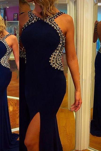 2017 Custom Made Royal Blue Prom Dress,Beading Evening Dress,Sexy Backless Party Gown,Side Sllit Pegeant Dress, High Quality