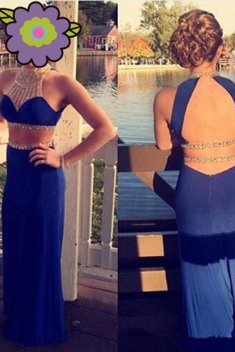 2017 Custom Made Royal Blue Prom Dress,Two Pieces Evening Dress,Sexy Backless Party Gown,Bodice Pegeant Dress, High Quality