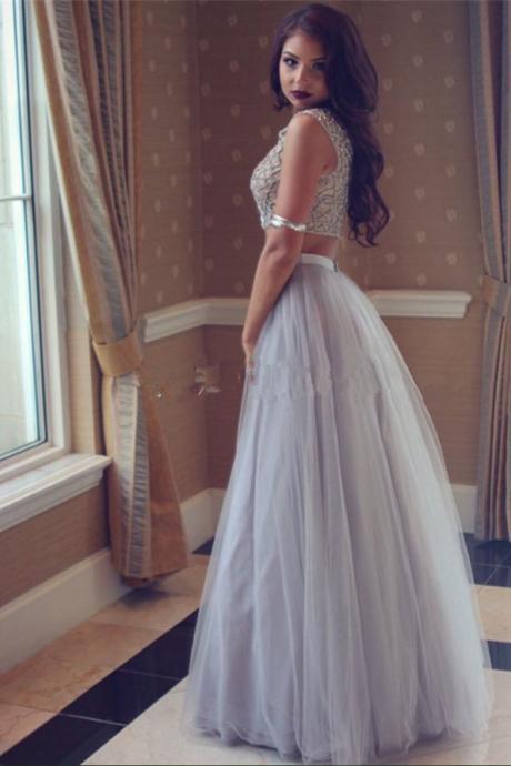 2017 Custom Made Tulle Prom Dress,Two Pieces Evening Dress,Beading Party Gown,A-Line Pegeant Dress, High Quality