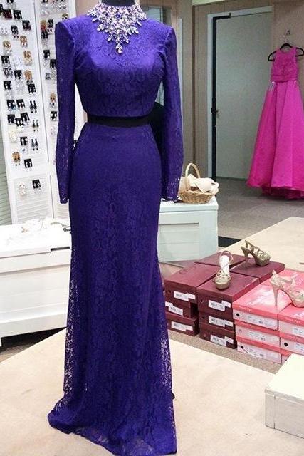 2017 Custom Made Purple Prom Dress,Two Pieces Evening Dress,Beaded Party Gown,Long Sleeves Pegeant Dress, High Quality
