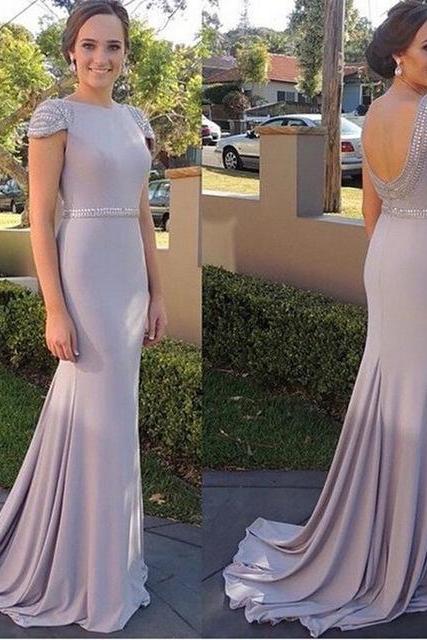 2017 Custom Made Bodice Prom Dress,Beading Evening Dress,Open Back Party Gown,Short Sleeves Pegeant Dress, High Quality