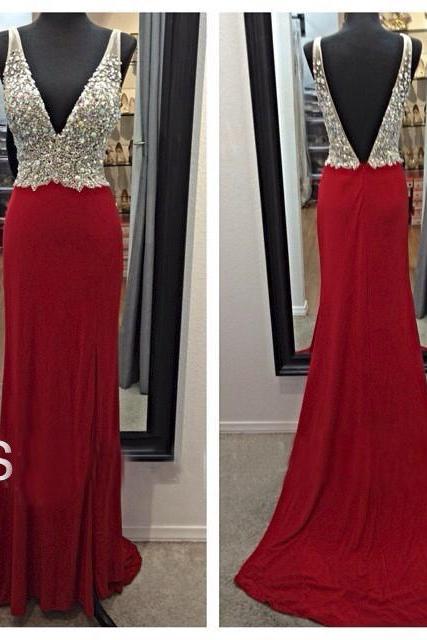 2017 Custom Made Red Beading Prom Dress,sexy V-neck Evening Dress,v-back Party Gown,mermaid Pegeant Dress, High Quality