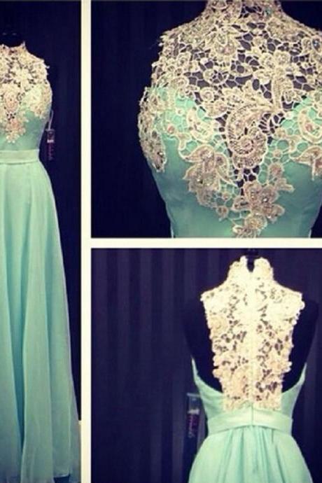 2017 Custom Made Mint Green Prom Dress,halter Evening Dress,appliques Party Gown,backless Pegeant Dress, High Quality