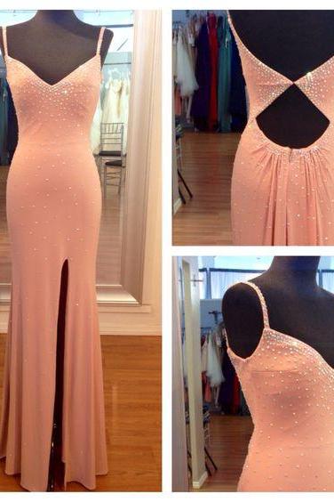 2017 Custom Made Pink Prom Dress,spaghetti Straps Evening Dress,beading Party Gown,side Slit Pegeant Dress, High Quality