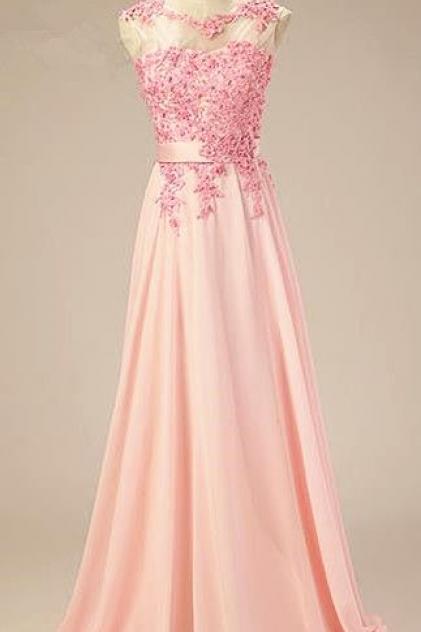 2017 Custom Made Pink Chiffon Prom Dress,appliques Beaded Evening Dress,sleeveless Party Gown,floor Length Pegeant Dress, High Quality