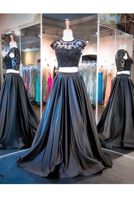 2017 Custom Made Two Pieces Prom Dress,beading Evening Dress,short Sleeves Party Gown,beading Pegeant Dress, High Quality