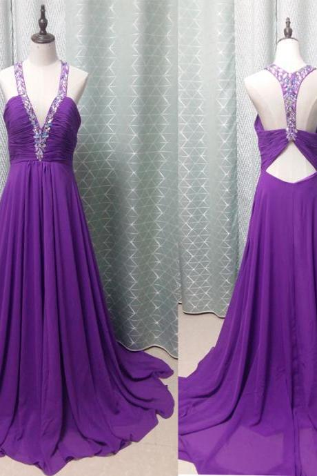 2017 Custom Made Purple Chiffon Prom Dress,beading Halter Evening Dress,sleeveless Party Gown,backless Pegeant Dress, High Quality
