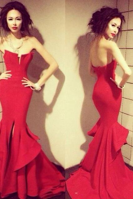 2017 Custom Made Red Prom Dress, Strapless Evening Dress,Sexy Mermaid Sexy Ball Gown,Side Slit Party Dress,High Quality