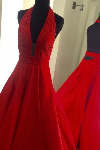 2017 Custom Made Red Chiffon Prom Dress,halter Evening Dress,backless Sexy Dress,deep V-neck Party Dress,high Quality