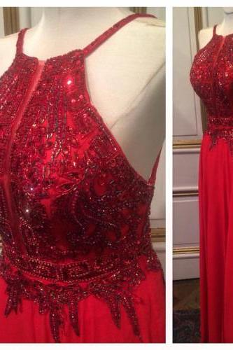 2017 Custom Made Red Prom Dress,beading Evening Dress,halter Sexy Dress,floor Length Party Dress,high Quality