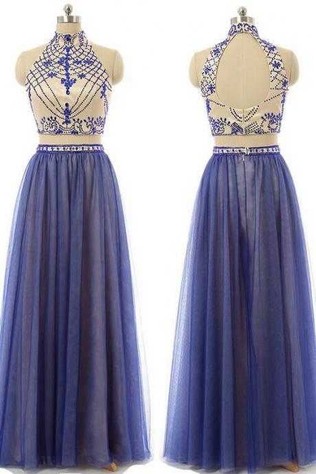 Charming Prom Dress，high-neck Prom Dress,a-line Prom Dress,two-pieces Prom Dress,beading Evening Dress