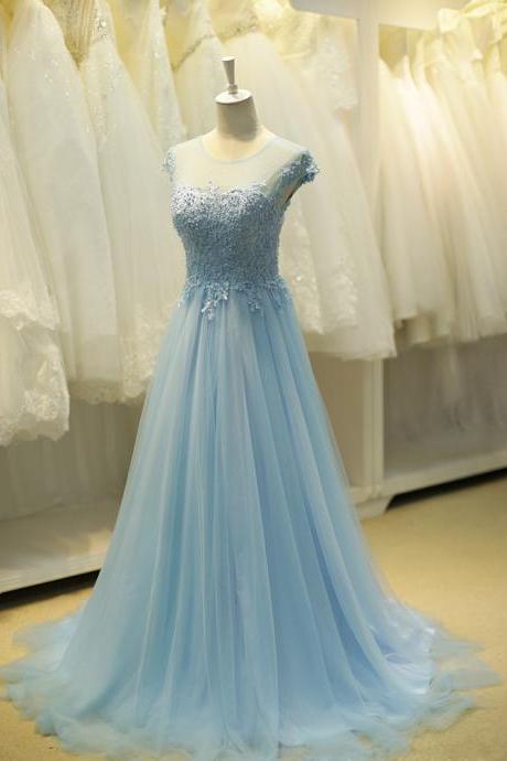 Elegant 2016 Prom Dresses, A Line Blue Evening Dress, Beaded Prom Dress, Wedding Guest Dress, Bridesmaid Dress