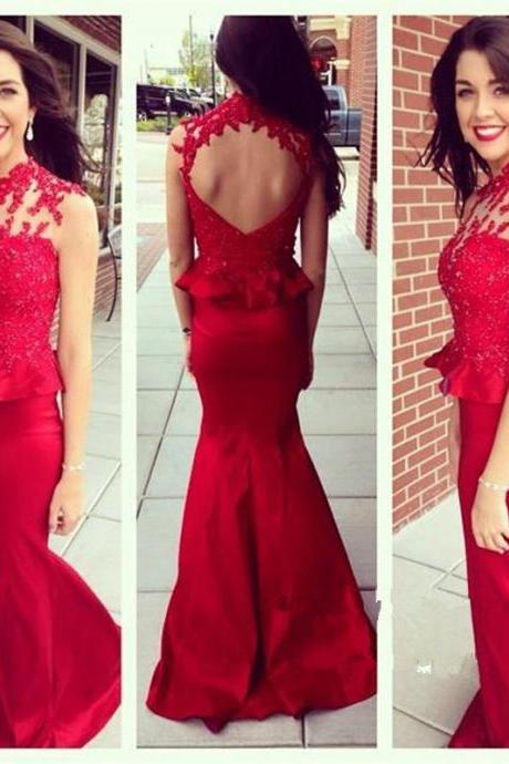 Prom Dress, Custom Prom Dress,Red Prom Dress, High Neck Prom Dress, Open Back Prom Dress
