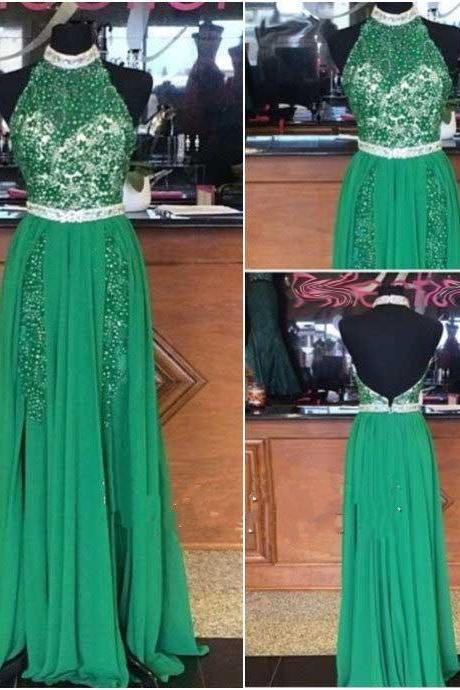 2017 Custom Made Prom Dress,halter Prom Dress,beaded Prom Dresses, Backless Prom Dress, Green Prom Dress