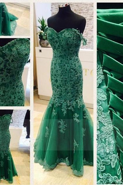 2017 Custom Made Dark Green Lace Prom Dress,sexy Off The Shoulder Evening Dress,mermaid Appliques Party Dress