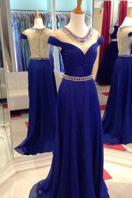 2017 Custom Made Royal Blue Prom Dress,sexy See Through Back Evening Dress,beaded Party Dress