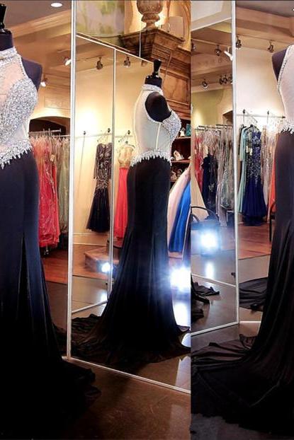 2017 Custom Made Black Mermaid Prom Dress,see Through Back Evening Dress,beading Sleeveless Party Dress
