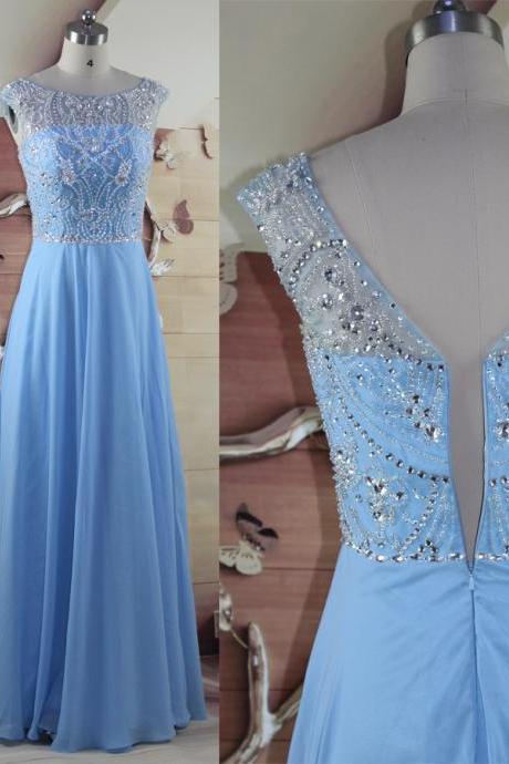 2017 Custom Charming Light Blue Chiffon Prom Dress,beading Evening Dress, Zipper Back Prom Dress,floor Length Party Dress