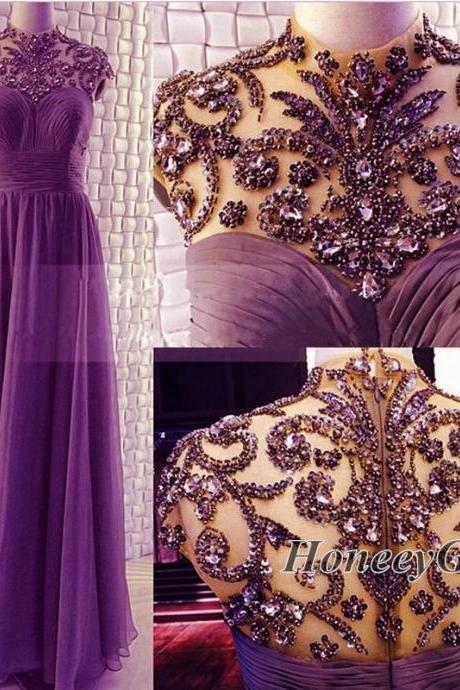 Prom Dress,High Neck Prom Dress, Beaded Prom Dress,New Arrival Purple Prom Gown,Heavy-Rhinestone Prom Dress,Custom Prom Dress