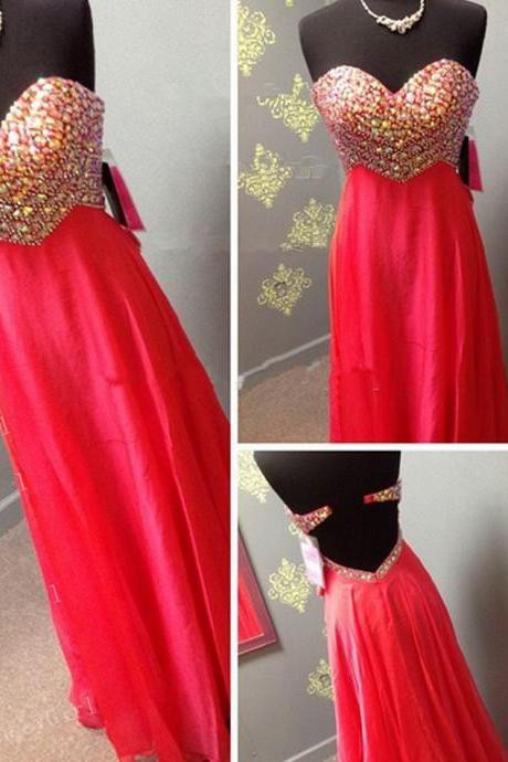 2017 Custom Made Red Chiffon Prom Dress,sweetheart Evening Dress,beading Party Dress,floor Length Prom Dress