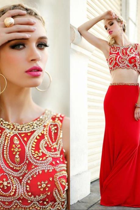 Prom Dresses, Two Piece Prom Dress,mermaid Prom Dress,gold Prom Dress,sequin Prom Dress,beaded Prom Dress,satin Prom Dress,long Prom Dress,red