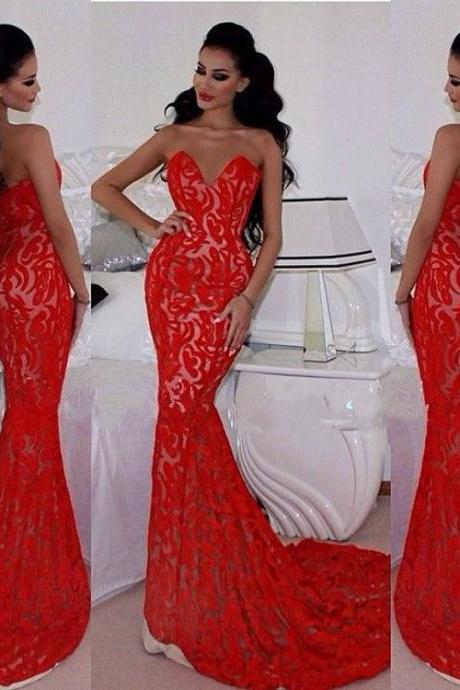 2017 Custom Made Red Lace Prom Dress,Sexy Sweetheart Evening Dress,Mermaid Party Dress,High Quality