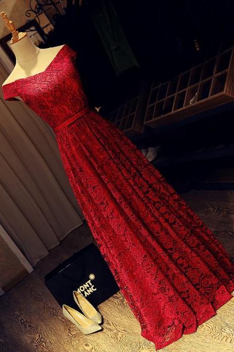 2017 Custom Made Red Lace Prom Dress,sexy Off The Shoulder Evening Dress,floor Length Party Dress,high Quality